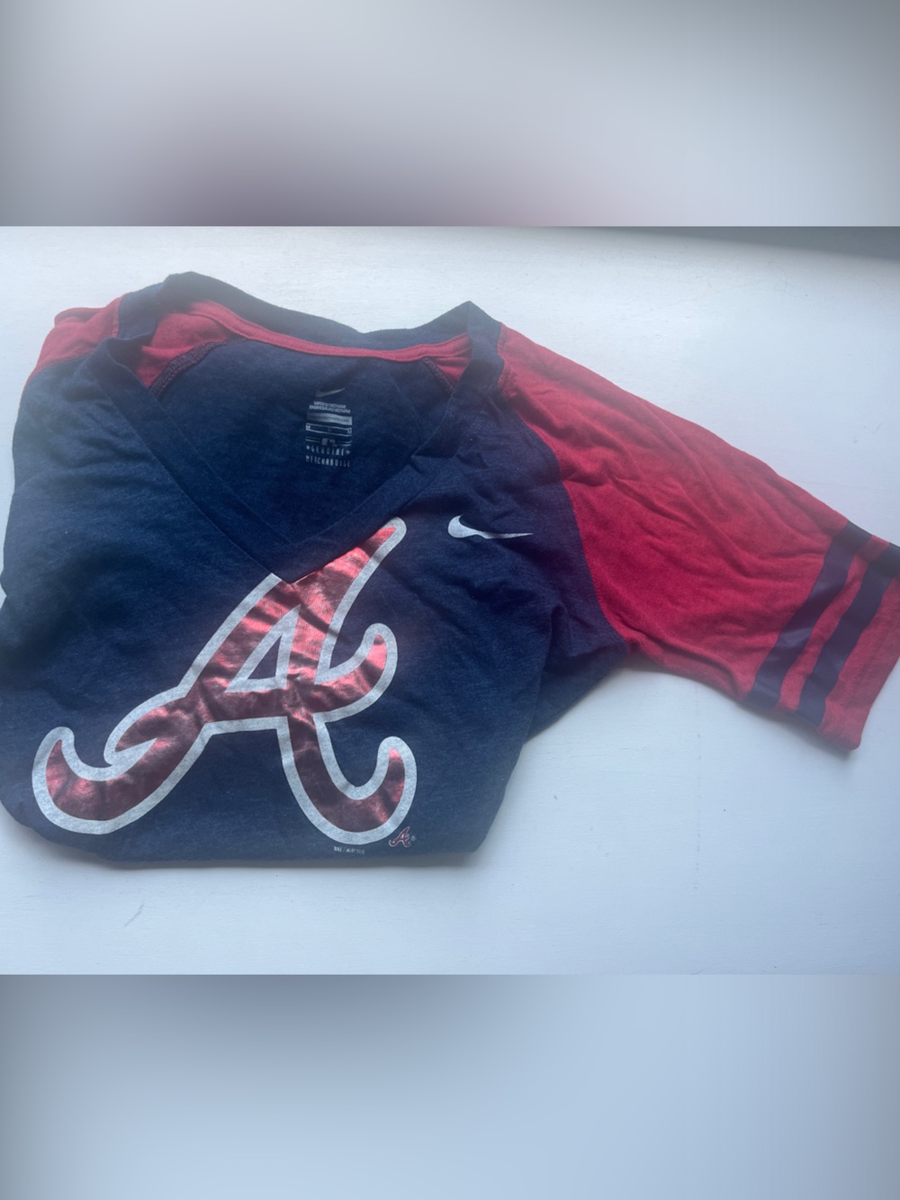 Nike Women Navy and Red Short Sleeve Baseball Tee with Team Graphic